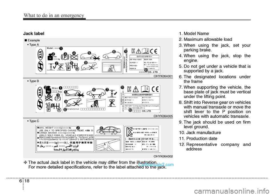 Hyundai H-1 (Grand Starex) 2014 Owners Manual What to do in an emergency
18 6
Jack label1. Model Name
2. Maximum allowable load
3. When using the jack, set your
parking brake.
4. When using the jack, stop the
engine.
5. Do not get under a vehicle Hyundai H-1 (Grand Starex) 2014 Owners Manual What to do in an emergency
18 6
Jack label1. Model Name
2. Maximum allowable load
3. When using the jack, set your
parking brake.
4. When using the jack, stop the
engine.
5. Do not get under a vehicle