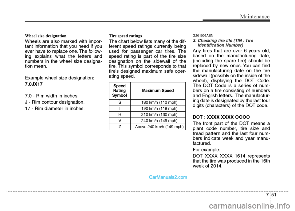 Hyundai H-1 (Grand Starex) 2014 Owners Manual 751
Maintenance
Wheel size designation
Wheels are also marked with impor-
tant information that you need if you
ever have to replace one. The follow-
ing explains what the letters and
numbers in the Hyundai H-1 (Grand Starex) 2014 Owners Manual 751
Maintenance
Wheel size designation
Wheels are also marked with impor-
tant information that you need if you
ever have to replace one. The follow-
ing explains what the letters and
numbers in the