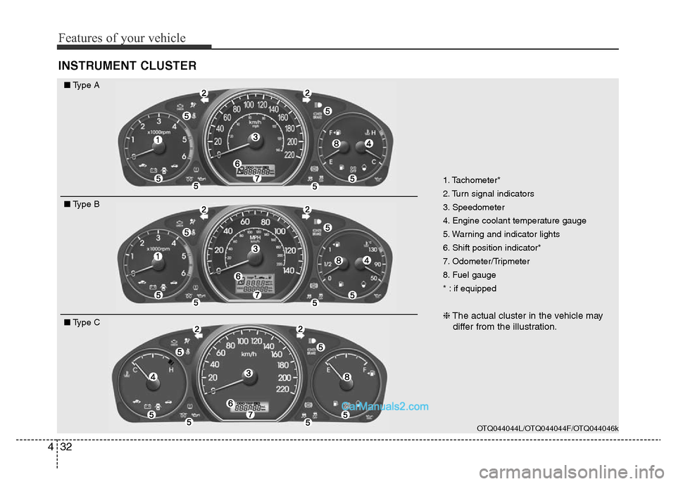 Hyundai H-1 (Grand Starex) 2013 Owners Manual Features of your vehicle
32 4
INSTRUMENT CLUSTER
1. Tachometer*
2. Turn signal indicators
3. Speedometer
4. Engine coolant temperature gauge
5. Warning and indicator lights
6. Shift position indicator Hyundai H-1 (Grand Starex) 2013 Owners Manual Features of your vehicle
32 4
INSTRUMENT CLUSTER
1. Tachometer*
2. Turn signal indicators
3. Speedometer
4. Engine coolant temperature gauge
5. Warning and indicator lights
6. Shift position indicator