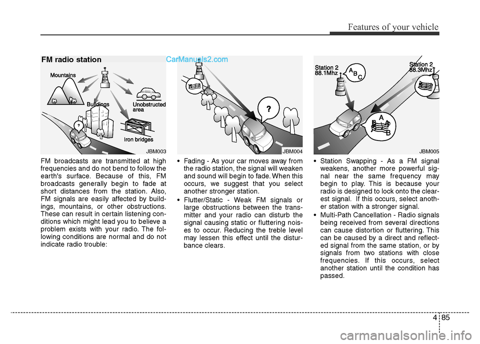 Hyundai H-1 (Grand Starex) 2013 Owners Manual 485
Features of your vehicle
FM broadcasts are transmitted at high
frequencies and do not bend to follow the
earths surface. Because of this, FM
broadcasts generally begin to fade at
short distances Hyundai H-1 (Grand Starex) 2013 Owners Manual 485
Features of your vehicle
FM broadcasts are transmitted at high
frequencies and do not bend to follow the
earths surface. Because of this, FM
broadcasts generally begin to fade at
short distances