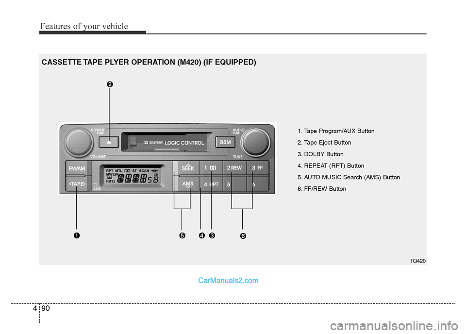 Hyundai H-1 (Grand Starex) 2013 Owners Manual Features of your vehicle
90 4
1. Tape Program/AUX Button
2. Tape Eject Button
3. DOLBY Button
4. REPEAT (RPT) Button
5. AUTO MUSIC Search (AMS) Button
6. FF/REW Button
CASSETTE TAPE PLYER OPERATION ( Hyundai H-1 (Grand Starex) 2013 Owners Manual Features of your vehicle
90 4
1. Tape Program/AUX Button
2. Tape Eject Button
3. DOLBY Button
4. REPEAT (RPT) Button
5. AUTO MUSIC Search (AMS) Button
6. FF/REW Button
CASSETTE TAPE PLYER OPERATION (