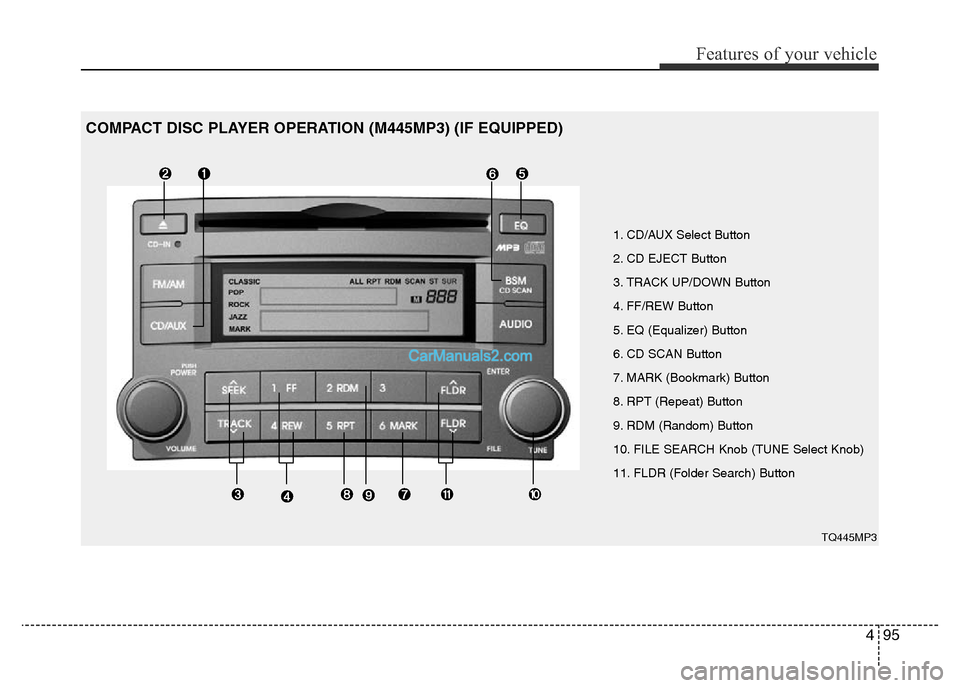 Hyundai H-1 (Grand Starex) 2013 Owners Manual 495
Features of your vehicle
1. CD/AUX Select Button
2. CD EJECT Button
3. TRACK UP/DOWN Button
4. FF/REW Button
5. EQ (Equalizer) Button
6. CD SCAN Button
7. MARK (Bookmark) Button
8. RPT (Repeat) Bu Hyundai H-1 (Grand Starex) 2013 Owners Manual 495
Features of your vehicle
1. CD/AUX Select Button
2. CD EJECT Button
3. TRACK UP/DOWN Button
4. FF/REW Button
5. EQ (Equalizer) Button
6. CD SCAN Button
7. MARK (Bookmark) Button
8. RPT (Repeat) Bu