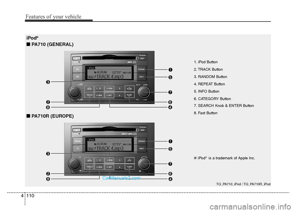 Hyundai H-1 (Grand Starex) 2013 Owners Manual Features of your vehicle
110 4
iPod®
■PA710 (GENERAL)
■PA710R (EUROPE)
1. iPod Button
2. TRACK Button
3. RANDOM Button
4. REPEAT Button
5. INFO Button
6. CATEGORY Button
7. SEARCH Knob & ENTER Bu Hyundai H-1 (Grand Starex) 2013 Owners Manual Features of your vehicle
110 4
iPod®
■PA710 (GENERAL)
■PA710R (EUROPE)
1. iPod Button
2. TRACK Button
3. RANDOM Button
4. REPEAT Button
5. INFO Button
6. CATEGORY Button
7. SEARCH Knob & ENTER Bu