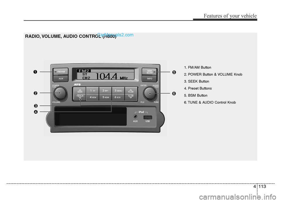 Hyundai H-1 (Grand Starex) 2013 Owners Manual 4113
Features of your vehicle
1. FM/AM Button
2. POWER Button & VOLUME Knob
3. SEEK Button
4. Preset Buttons
5. BSM Button
6. TUNE & AUDIO Control Knob
RADIO, VOLUME, AUDIO CONTROL (H800) Hyundai H-1 (Grand Starex) 2013 Owners Manual 4113
Features of your vehicle
1. FM/AM Button
2. POWER Button & VOLUME Knob
3. SEEK Button
4. Preset Buttons
5. BSM Button
6. TUNE & AUDIO Control Knob
RADIO, VOLUME, AUDIO CONTROL (H800)