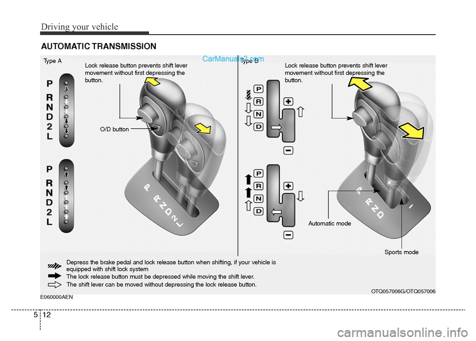 Hyundai H-1 (Grand Starex) 2013  Owners Manual Driving your vehicle
12 5
E060000AEN
AUTOMATIC TRANSMISSION
The shift lever can be moved without depressing the lock release button.
O/D button Type A
Lock release button prevents shift lever
movement