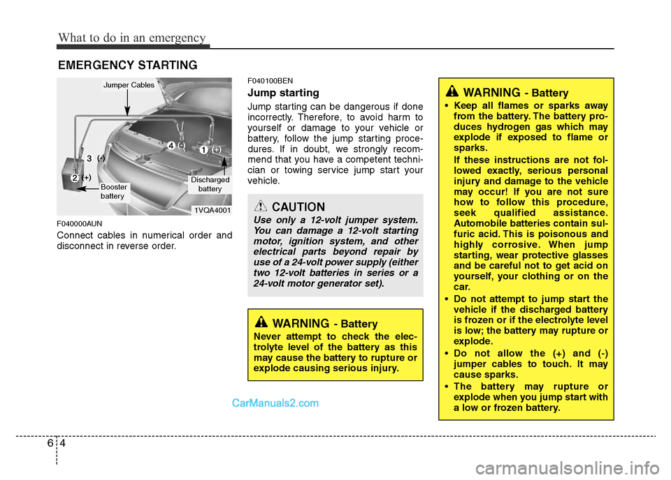 Hyundai H-1 (Grand Starex) 2013  Owners Manual What to do in an emergency
4 6
EMERGENCY STARTING
F040000AUN
Connect cables in numerical order and
disconnect in reverse order.
F040100BEN
Jump starting  
Jump starting can be dangerous if done
incorr