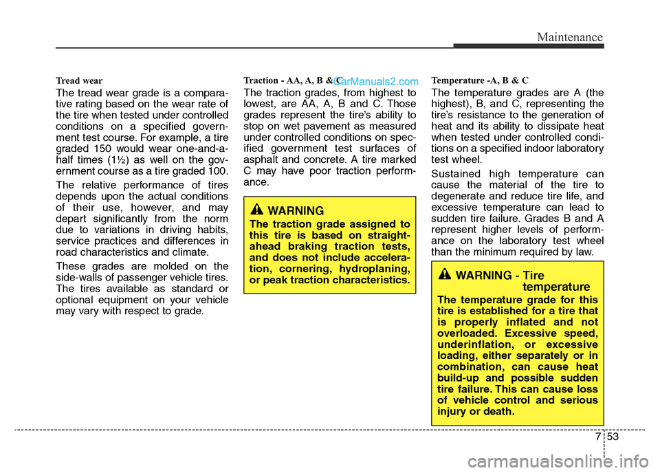 Hyundai H-1 (Grand Starex) 2013 Owners Manual 753
Maintenance
Tread wear
The tread wear grade is a compara-
tive rating based on the wear rate of
the tire when tested under controlled
conditions on a specified govern-
ment test course. For exampl Hyundai H-1 (Grand Starex) 2013 Owners Manual 753
Maintenance
Tread wear
The tread wear grade is a compara-
tive rating based on the wear rate of
the tire when tested under controlled
conditions on a specified govern-
ment test course. For exampl