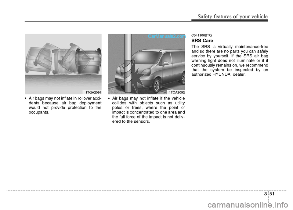 Hyundai H-1 (Grand Starex) 2013 Repair Manual 351
Safety features of your vehicle
• Air bags may not inflate in rollover acci-
dents because air bag deployment
would not provide protection to the
occupants.• Air bags may not inflate if the ve Hyundai H-1 (Grand Starex) 2013 Repair Manual 351
Safety features of your vehicle
• Air bags may not inflate in rollover acci-
dents because air bag deployment
would not provide protection to the
occupants.• Air bags may not inflate if the ve