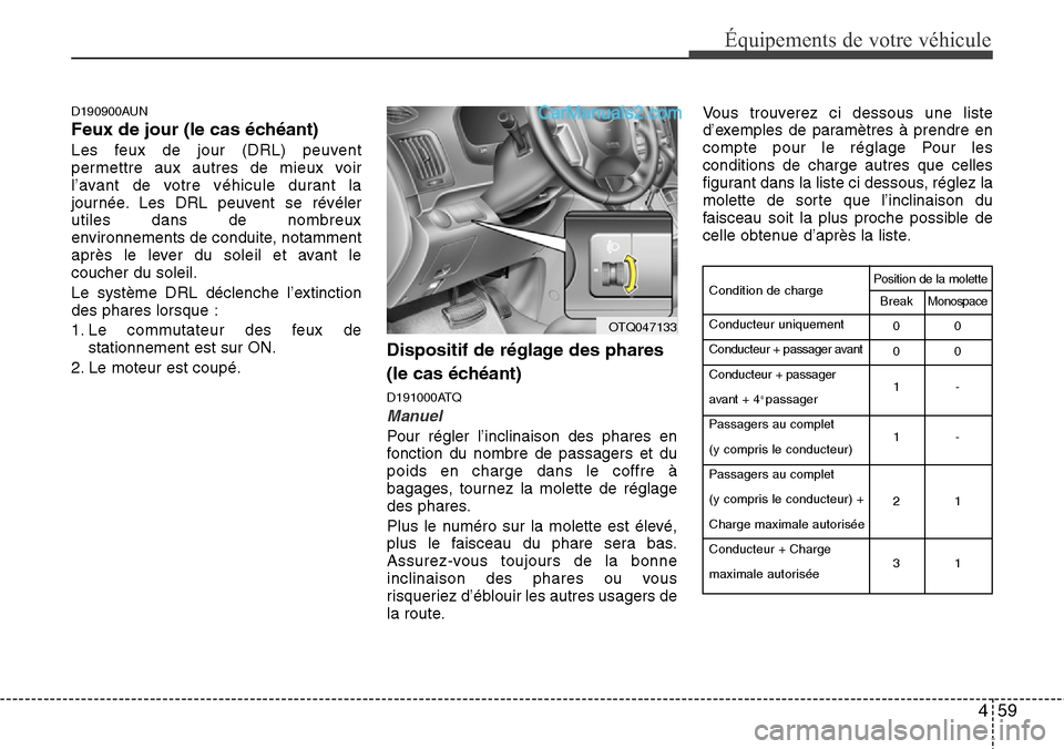 Hyundai H-1 (Grand Starex) 2013 Manuel du propriétaire (in French) 459
Équipements de votre véhicule
D190900AUN
Feux de jour (le cas échéant)
Les feux de jour (DRL) peuvent
permettre aux autres de mieux voir
l’avant de votre véhicule durant la
journée. Les DR Hyundai H-1 (Grand Starex) 2013 Manuel du propriétaire (in French) 459
Équipements de votre véhicule
D190900AUN
Feux de jour (le cas échéant)
Les feux de jour (DRL) peuvent
permettre aux autres de mieux voir
l’avant de votre véhicule durant la
journée. Les DR