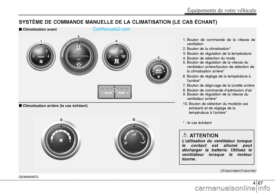 Hyundai H-1 (Grand Starex) 2013 Manuel du propriétaire (in French) 467
Équipements de votre véhicule
SYSTÈME DE COMMANDE MANUELLE DE LA CLIMATISATION (LE CAS ÉCHANT)
D230000ATQ
OTQ047066/OTQ047067
1. Bouton de commande de la vitesse de
ventilation
2. Bouton de la Hyundai H-1 (Grand Starex) 2013 Manuel du propriétaire (in French) 467
Équipements de votre véhicule
SYSTÈME DE COMMANDE MANUELLE DE LA CLIMATISATION (LE CAS ÉCHANT)
D230000ATQ
OTQ047066/OTQ047067
1. Bouton de commande de la vitesse de
ventilation
2. Bouton de la