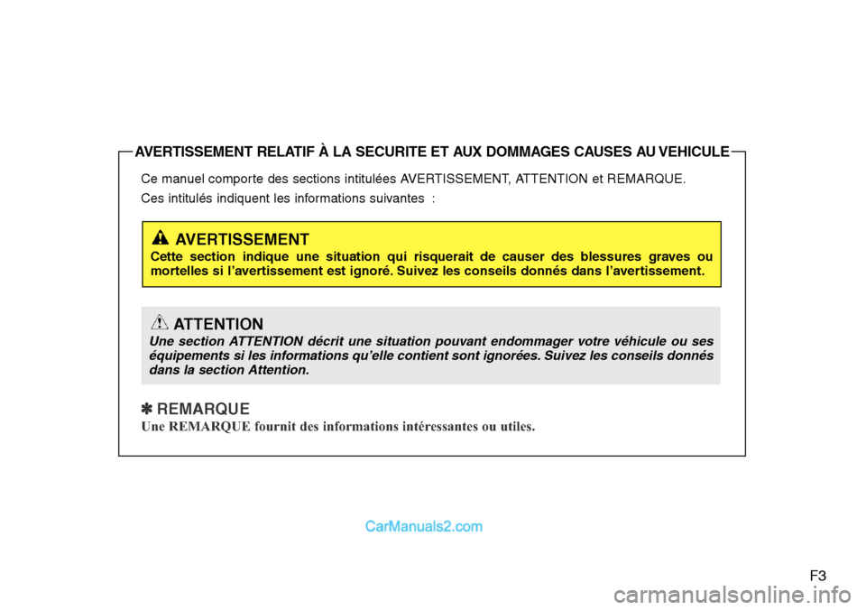 Hyundai H-1 (Grand Starex) 2013  Manuel du propriétaire (in French) F3
Ce manuel comporte des sections intitulées AVERTISSEMENT, ATTENTION et REMARQUE.
Ces intitulés indiquent les informations suivantes :
✽ REMARQUE
Une REMARQUE fournit des informations intéressa