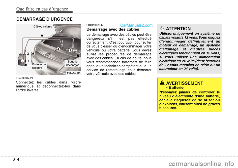 Hyundai H-1 (Grand Starex) 2013 Manuel du propriétaire (in French) Que faire en cas d’urgence
4 6
DEMARRAGE D’URGENCE
F040000AUN
Connectez les câbles dans l’ordre
numérique et déconnectez-les dans
l’ordre inverse.
F040100AEN
Démarrage avec des câbles
Le Hyundai H-1 (Grand Starex) 2013 Manuel du propriétaire (in French) Que faire en cas d’urgence
4 6
DEMARRAGE D’URGENCE
F040000AUN
Connectez les câbles dans l’ordre
numérique et déconnectez-les dans
l’ordre inverse.
F040100AEN
Démarrage avec des câbles
Le