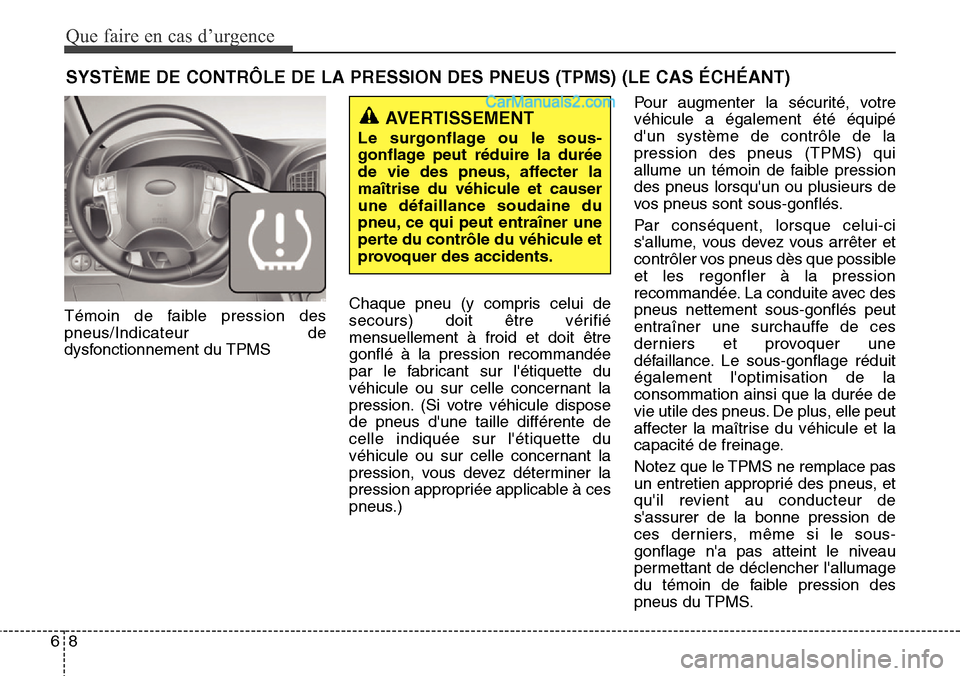 Hyundai H-1 (Grand Starex) 2013 Manuel du propriétaire (in French) Que faire en cas d’urgence
8 6
SYSTÈME DE CONTRÔLE DE LA PRESSION DES PNEUS (TPMS) (LE CAS ÉCHÉANT)
Témoin de faible pression des
pneus/Indicateur de
dysfonctionnement du TPMSChaque pneu (y com Hyundai H-1 (Grand Starex) 2013 Manuel du propriétaire (in French) Que faire en cas d’urgence
8 6
SYSTÈME DE CONTRÔLE DE LA PRESSION DES PNEUS (TPMS) (LE CAS ÉCHÉANT)
Témoin de faible pression des
pneus/Indicateur de
dysfonctionnement du TPMSChaque pneu (y com