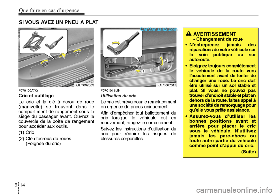 Hyundai H-1 (Grand Starex) 2013 Manuel du propriétaire (in French) Que faire en cas d’urgence
14 6
SI VOUS AVEZ UN PNEU A PLAT
F070100ATQ
Cric et outillage
Le cric et la clé à écrou de roue
(manivelle) se trouvent dans le
compartiment de rangement sous le
siège Hyundai H-1 (Grand Starex) 2013 Manuel du propriétaire (in French) Que faire en cas d’urgence
14 6
SI VOUS AVEZ UN PNEU A PLAT
F070100ATQ
Cric et outillage
Le cric et la clé à écrou de roue
(manivelle) se trouvent dans le
compartiment de rangement sous le
siège