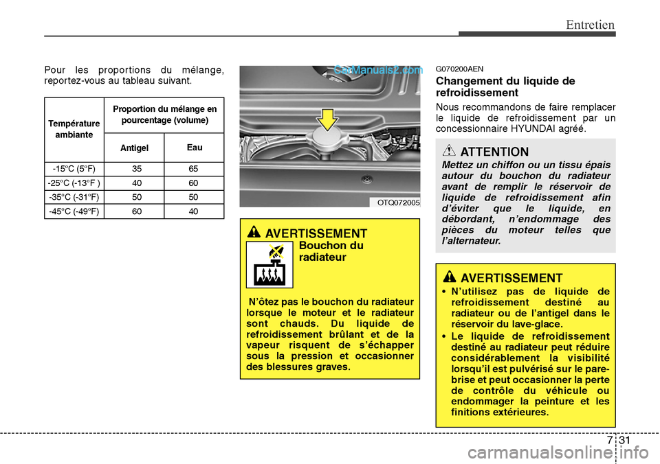 Hyundai H-1 (Grand Starex) 2013 Manuel du propriétaire (in French) 731
Entretien
Pour les proportions du mélange,
reportez-vous au tableau suivant.G070200AEN
Changement du liquide de
refroidissement
Nous recommandons de faire remplacer
le liquide de refroidissement Hyundai H-1 (Grand Starex) 2013 Manuel du propriétaire (in French) 731
Entretien
Pour les proportions du mélange,
reportez-vous au tableau suivant.G070200AEN
Changement du liquide de
refroidissement
Nous recommandons de faire remplacer
le liquide de refroidissement