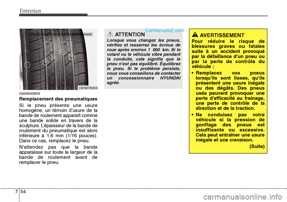 Hyundai H-1 (Grand Starex) 2013  Manuel du propriétaire (in French) Entretien
54 7
G200600BEN
Remplacement des pneumatiques
Si le pneu présente une usure
homogène, un témoin d’usure de la
bande de roulement apparaît comme
une bande solide en travers de la
sculpt