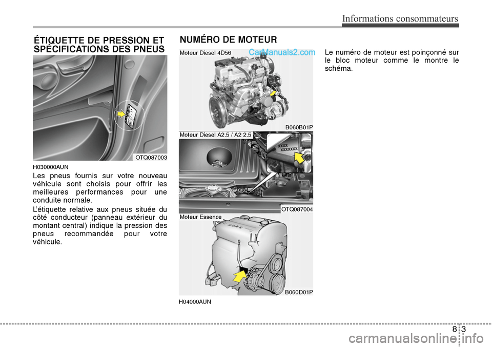 Hyundai H-1 (Grand Starex) 2013  Manuel du propriétaire (in French) 83
Informations consommateurs
H030000AUN
Les pneus fournis sur votre nouveau
véhicule sont choisis pour offrir les
meilleures performances pour une
conduite normale.
L’étiquette relative aux pneus