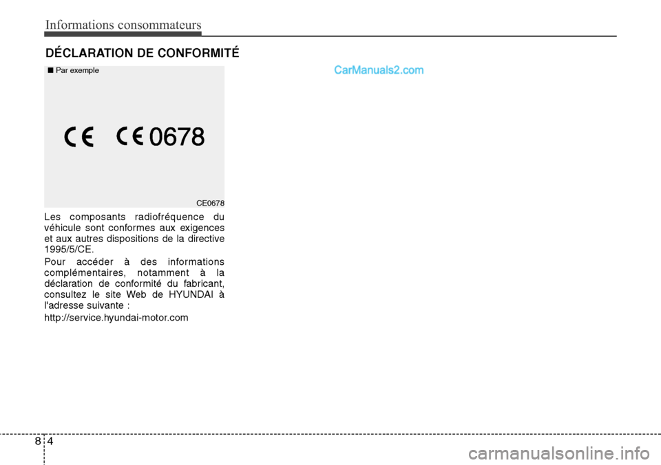 Hyundai H-1 (Grand Starex) 2013  Manuel du propriétaire (in French) Informations consommateurs
4 8
Les composants radiofréquence du
véhicule sont conformes aux exigences
et aux autres dispositions de la directive
1995/5/CE.
Pour accéder à des informations
complém