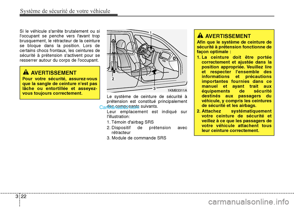 Hyundai H-1 (Grand Starex) 2013  Manuel du propriétaire (in French) Système de sécurité de votre véhicule 
22 3
Si le véhicule sarrête brutalement ou si
loccupant se penche vers lavant trop
brusquement, le rétracteur de la ceinture
se bloque dans la position