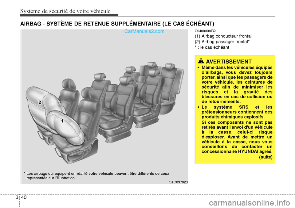 Hyundai H-1 (Grand Starex) 2013  Manuel du propriétaire (in French) Système de sécurité de votre véhicule 
40 3
C040000ATQ
(1) Airbag conducteur frontal
(2) Airbag passager frontal*
* : le cas échéant
AIRBAG - SYSTÈME DE RETENUE SUPPLÉMENTAIRE (LE CAS ÉCHÉAN