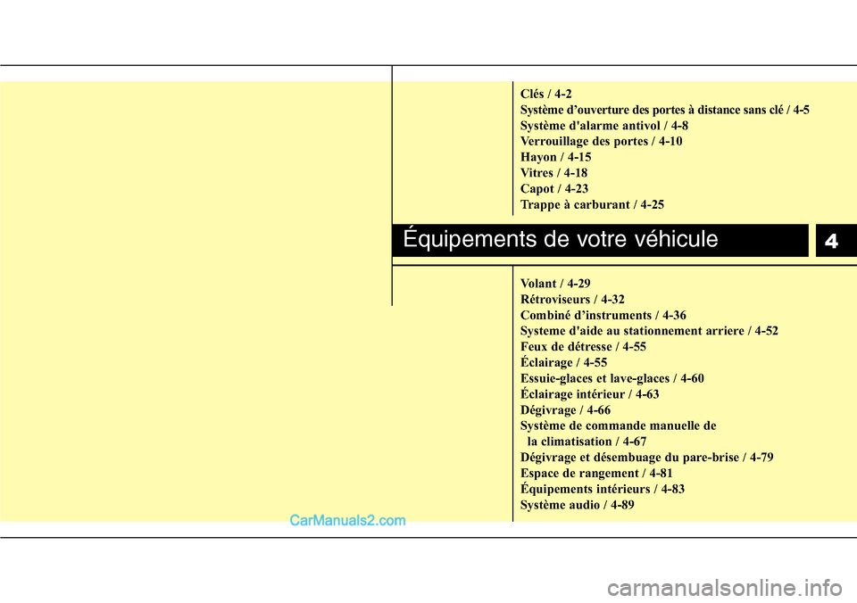 Hyundai H-1 (Grand Starex) 2013  Manuel du propriétaire (in French) 4
Clés / 4-2
Système d’ouverture des portes à distance sans clé / 4-5
Système dalarme antivol / 4-8
Verrouillage des portes / 4-10
Hayon / 4-15
Vitres / 4-18
Capot / 4-23
Trappe à carburant /