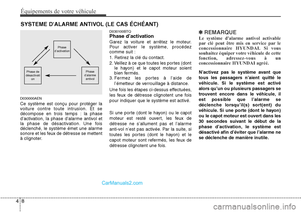 Hyundai H-1 (Grand Starex) 2013 Manuel du propriétaire (in French) Équipements de votre véhicule
8 4
D030000AEN
Ce système est conçu pour protéger la
voiture contre toute intrusion. Et se
décompose en trois temps : la phase
d’activation, la phase d’alarme a Hyundai H-1 (Grand Starex) 2013 Manuel du propriétaire (in French) Équipements de votre véhicule
8 4
D030000AEN
Ce système est conçu pour protéger la
voiture contre toute intrusion. Et se
décompose en trois temps : la phase
d’activation, la phase d’alarme a