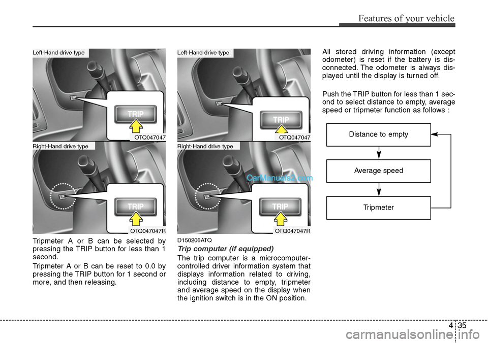 Hyundai H-1 (Grand Starex) 2012 Owners Manual 435
Features of your vehicle
Tripmeter A or B can be selected by
pressing the TRIP button for less than 1
second.
Tripmeter A or B can be reset to 0.0 by
pressing the TRIP button for 1 second or
more, Hyundai H-1 (Grand Starex) 2012 Owners Manual 435
Features of your vehicle
Tripmeter A or B can be selected by
pressing the TRIP button for less than 1
second.
Tripmeter A or B can be reset to 0.0 by
pressing the TRIP button for 1 second or
more,
