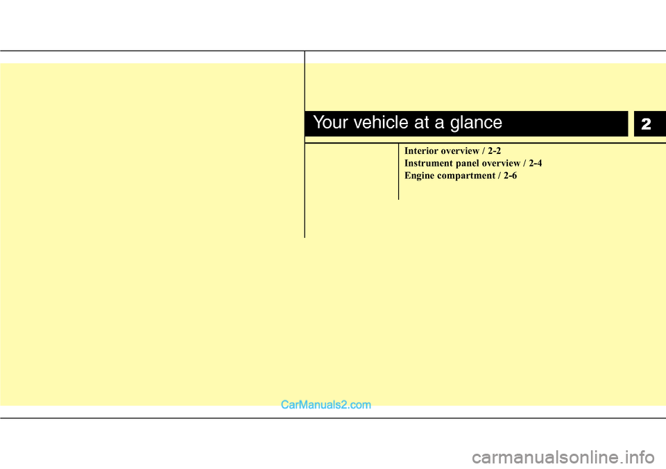 Hyundai H-1 (Grand Starex) 2012 User Guide 2
Interior overview / 2-2
Instrument panel overview / 2-4
Engine compartment / 2-6
Your vehicle at a glance  