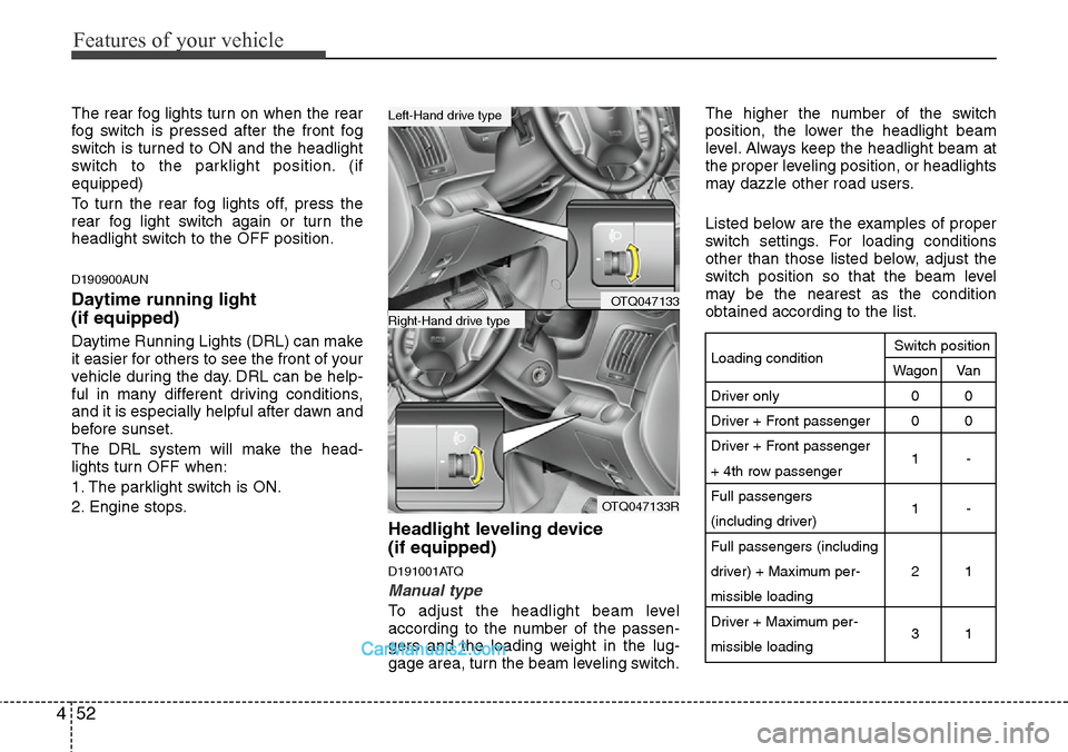 Hyundai H-1 (Grand Starex) 2012  Owners Manual Features of your vehicle
52 4
The rear fog lights turn on when the rear
fog switch is pressed after the front fog
switch is turned to ON and the headlight
switch to the parklight position. (if
equippe