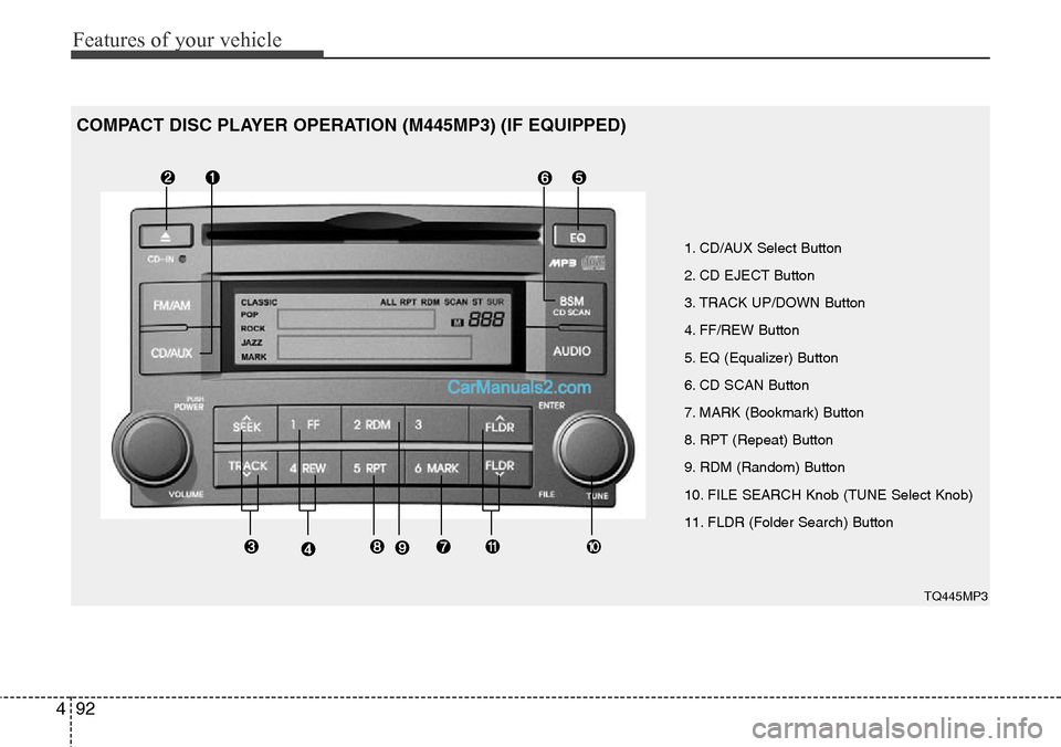 Hyundai H-1 (Grand Starex) 2012 Owners Manual Features of your vehicle
92 4
1. CD/AUX Select Button
2. CD EJECT Button
3. TRACK UP/DOWN Button
4. FF/REW Button
5. EQ (Equalizer) Button
6. CD SCAN Button
7. MARK (Bookmark) Button
8. RPT (Repeat) B Hyundai H-1 (Grand Starex) 2012 Owners Manual Features of your vehicle
92 4
1. CD/AUX Select Button
2. CD EJECT Button
3. TRACK UP/DOWN Button
4. FF/REW Button
5. EQ (Equalizer) Button
6. CD SCAN Button
7. MARK (Bookmark) Button
8. RPT (Repeat) B