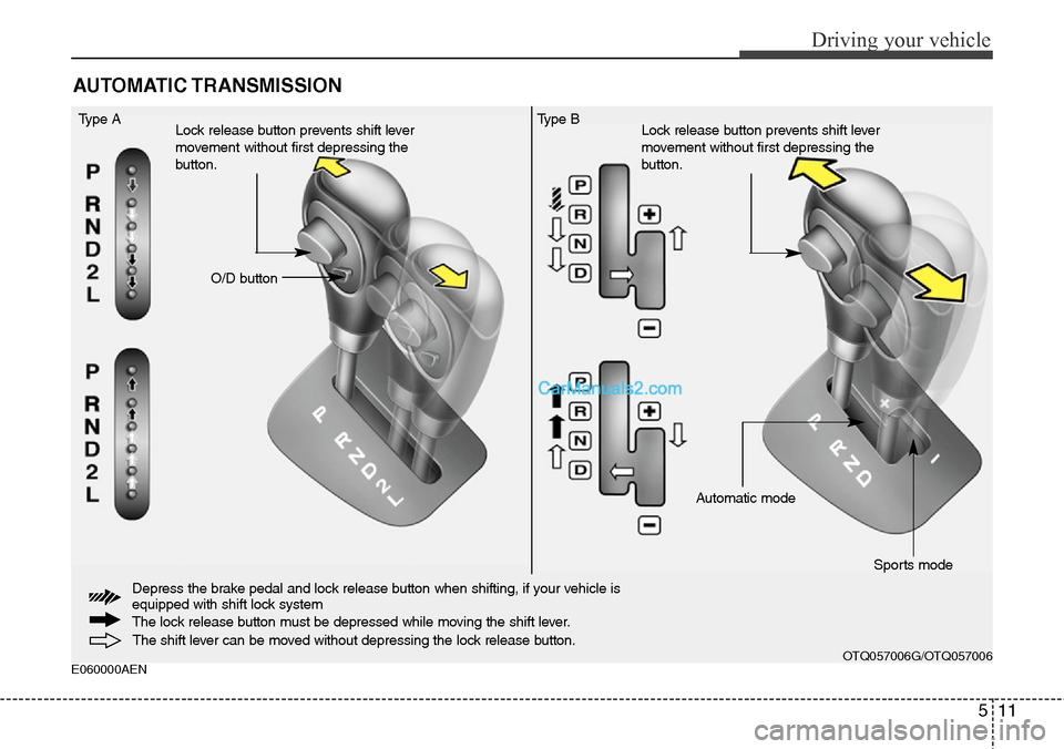 Hyundai H-1 (Grand Starex) 2012 Owners Manual 511
Driving your vehicle
E060000AEN
AUTOMATIC TRANSMISSION
The shift lever can be moved without depressing the lock release button.
O/D button Type A
Lock release button prevents shift lever
movement Hyundai H-1 (Grand Starex) 2012 Owners Manual 511
Driving your vehicle
E060000AEN
AUTOMATIC TRANSMISSION
The shift lever can be moved without depressing the lock release button.
O/D button Type A
Lock release button prevents shift lever
movement