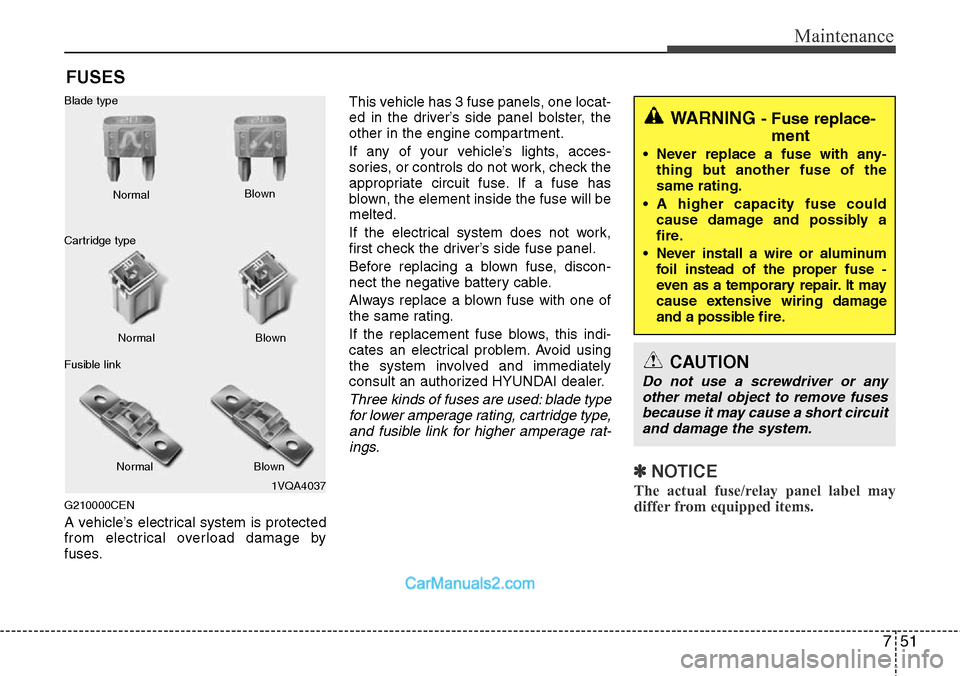 Hyundai H-1 (Grand Starex) 2012  Owners Manual 751
Maintenance
FUSES
G210000CEN
A vehicle’s electrical system is protected
from electrical overload damage by
fuses.This vehicle has 3 fuse panels, one locat-
ed in the driver’s side panel bolste