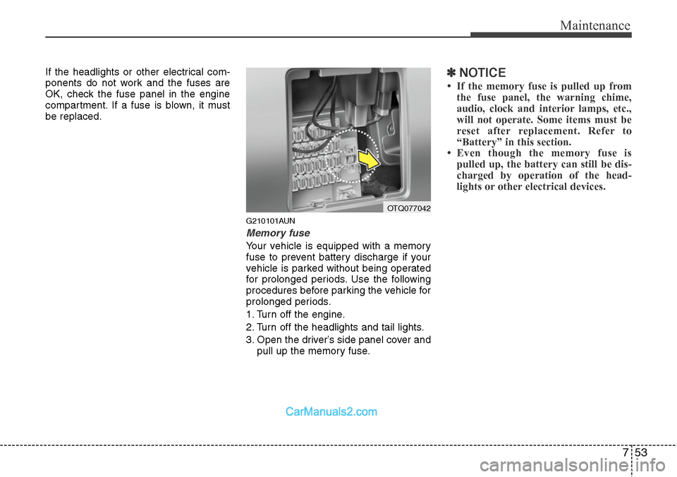 Hyundai H-1 (Grand Starex) 2012  Owners Manual 753
Maintenance
If the headlights or other electrical com-
ponents do not work and the fuses are
OK, check the fuse panel in the engine
compartment. If a fuse is blown, it must
be replaced.
G210101AUN