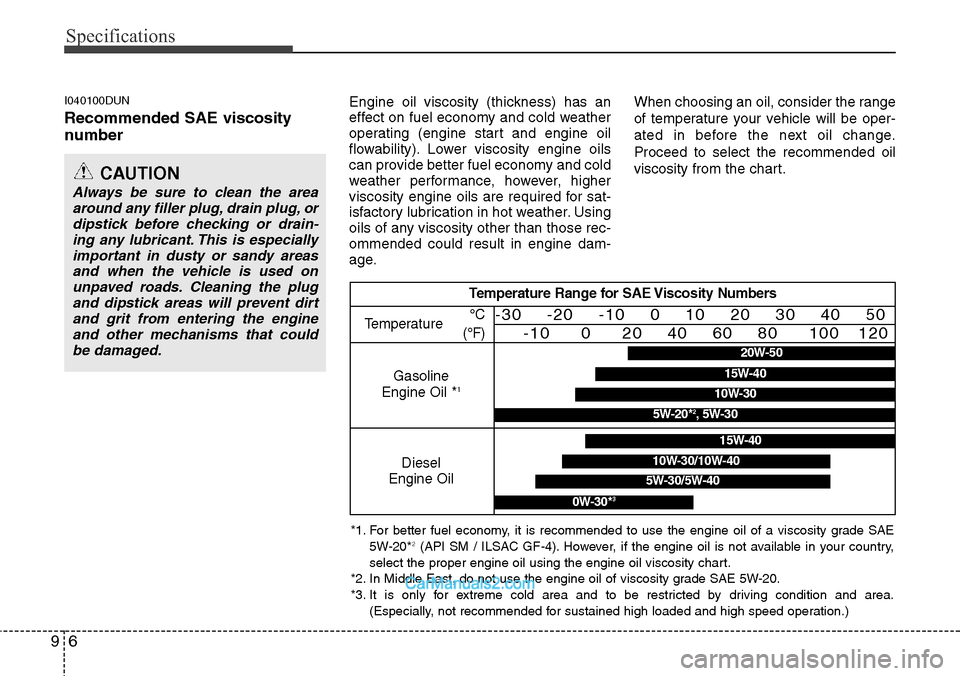 Hyundai H-1 (Grand Starex) 2012  Owners Manual Specifications
6 9
I040100DUN
Recommended SAE viscosity
number   
Engine oil viscosity (thickness) has an
effect on fuel economy and cold weather
operating (engine start and engine oil
flowability). L