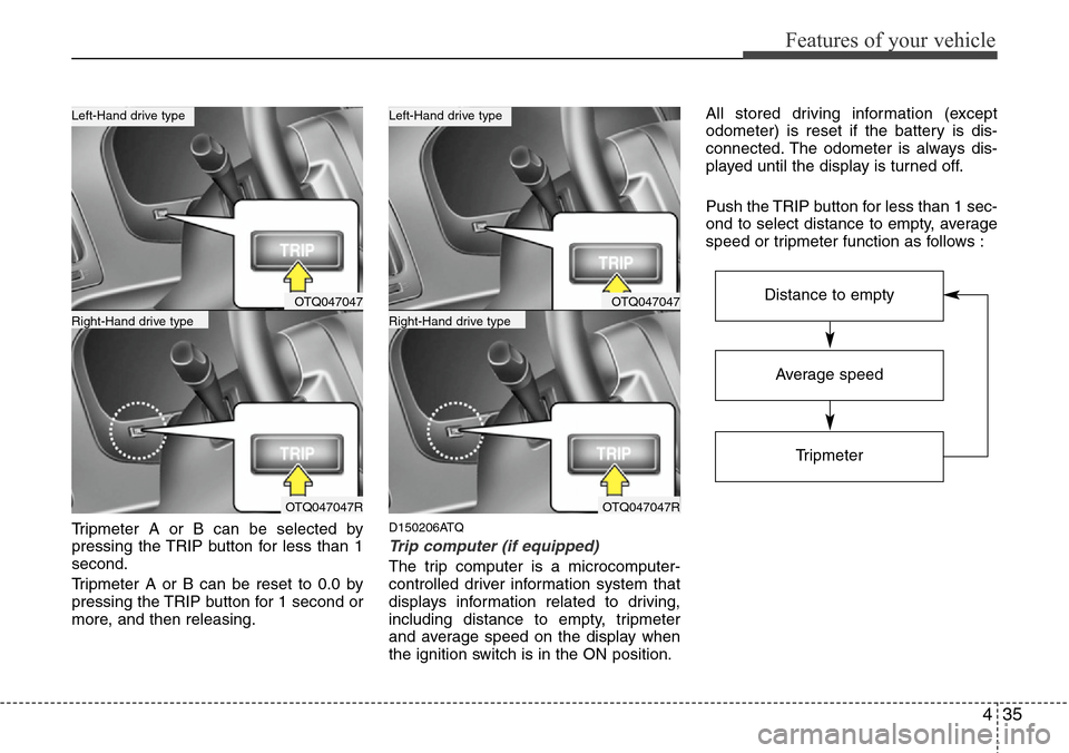 Hyundai H-1 (Grand Starex) 2011  Owners Manual 435
Features of your vehicle
Tripmeter A or B can be selected by
pressing the TRIP button for less than 1
second.
Tripmeter A or B can be reset to 0.0 by
pressing the TRIP button for 1 second or
more,