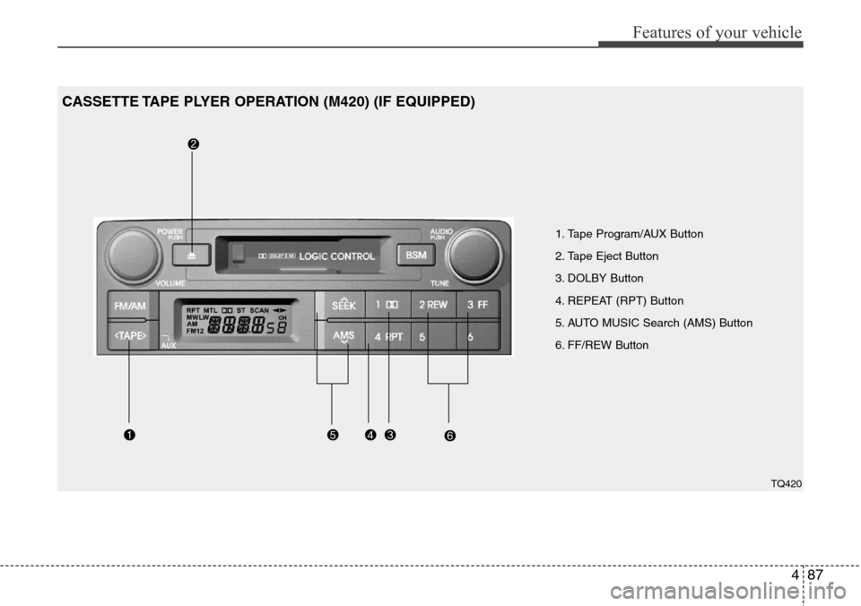 Hyundai H-1 (Grand Starex) 2011  Owners Manual 487
Features of your vehicle
1. Tape Program/AUX Button
2. Tape Eject Button
3. DOLBY Button
4. REPEAT (RPT) Button 
5. AUTO MUSIC Search (AMS) Button
6. FF/REW Button
CASSETTE TAPE PLYER OPERATION (M