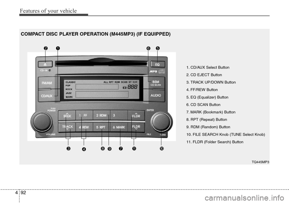 Hyundai H-1 (Grand Starex) 2011  Owners Manual Features of your vehicle
92 4
1. CD/AUX Select Button
2. CD EJECT Button
3. TRACK UP/DOWN Button
4. FF/REW Button
5. EQ (Equalizer) Button
6. CD SCAN Button
7. MARK (Bookmark) Button
8. RPT (Repeat) B