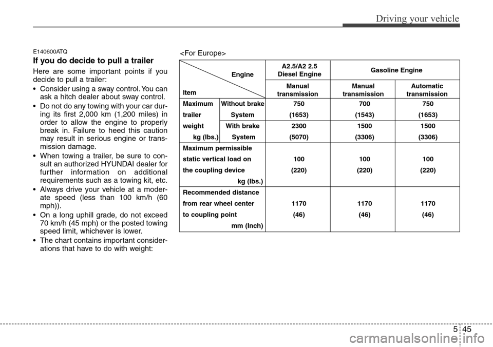 Hyundai H-1 (Grand Starex) 2011  Owners Manual 545
Driving your vehicle
E140600ATQ
If you do decide to pull a trailer
Here are some important points if you
decide to pull a trailer:
• Consider using a sway control. You can
ask a hitch dealer abo