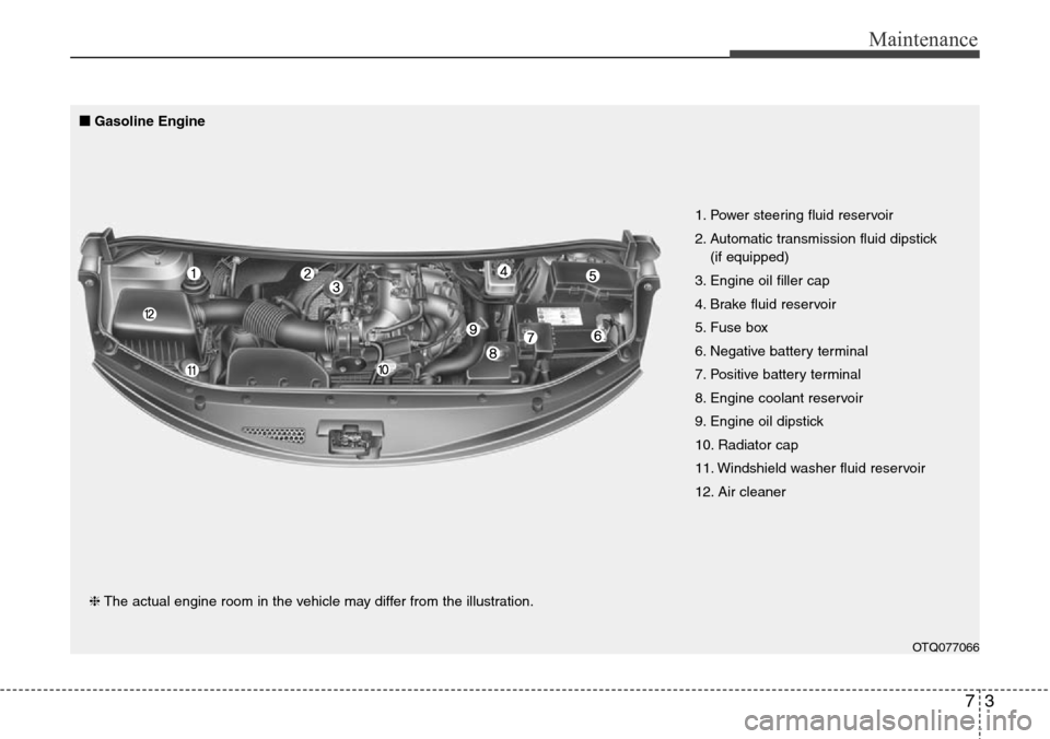 Hyundai H-1 (Grand Starex) 2011 Owners Manual 73
Maintenance
OTQ077066
1. Power steering fluid reservoir
2. Automatic transmission fluid dipstick
(if equipped)
3. Engine oil filler cap
4. Brake fluid reservoir
5. Fuse box
6. Negative battery ter Hyundai H-1 (Grand Starex) 2011 Owners Manual 73
Maintenance
OTQ077066
1. Power steering fluid reservoir
2. Automatic transmission fluid dipstick
(if equipped)
3. Engine oil filler cap
4. Brake fluid reservoir
5. Fuse box
6. Negative battery ter