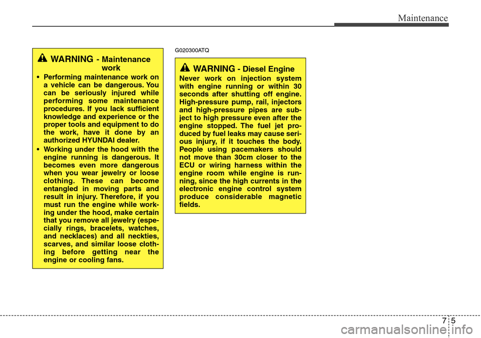 Hyundai H-1 (Grand Starex) 2011  Owners Manual 75
Maintenance
G020300ATQ
WARNING- Maintenance
work
• Performing maintenance work on
a vehicle can be dangerous. You
can be seriously injured while
performing some maintenance
procedures. If you lac