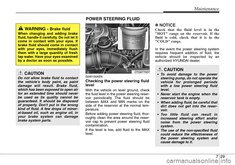 Hyundai H-1 (Grand Starex) 2011  Owners Manual 729
Maintenance
G090100AEN
Checking the power steering fluid
level  
With the vehicle on level ground, check
the fluid level in the power steering reser-
voir periodically. The fluid should be
between