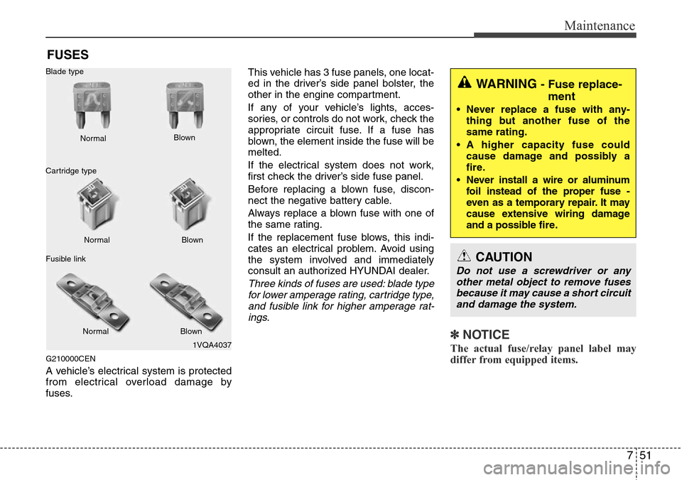 Hyundai H-1 (Grand Starex) 2011 Owners Manual 751
Maintenance
FUSES
G210000CEN
A vehicle’s electrical system is protected
from electrical overload damage by
fuses.This vehicle has 3 fuse panels, one locat-
ed in the driver’s side panel bolste Hyundai H-1 (Grand Starex) 2011 Owners Manual 751
Maintenance
FUSES
G210000CEN
A vehicle’s electrical system is protected
from electrical overload damage by
fuses.This vehicle has 3 fuse panels, one locat-
ed in the driver’s side panel bolste