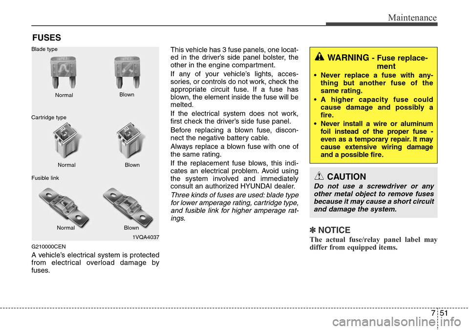 Hyundai H-1 (Grand Starex) 2011  Owners Manual 751
Maintenance
FUSES
G210000CEN
A vehicle’s electrical system is protected
from electrical overload damage by
fuses.This vehicle has 3 fuse panels, one locat-
ed in the driver’s side panel bolste