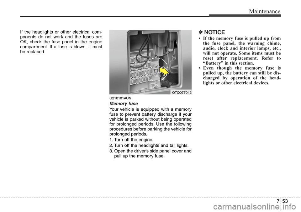 Hyundai H-1 (Grand Starex) 2011  Owners Manual 753
Maintenance
If the headlights or other electrical com-
ponents do not work and the fuses are
OK, check the fuse panel in the engine
compartment. If a fuse is blown, it must
be replaced.
G210101AUN