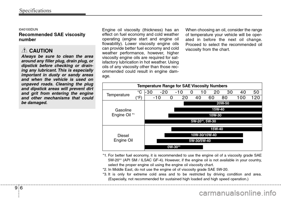 Hyundai H-1 (Grand Starex) 2011  Owners Manual Specifications
6 9
I040100DUN
Recommended SAE viscosity
number   
Engine oil viscosity (thickness) has an
effect on fuel economy and cold weather
operating (engine start and engine oil
flowability). L