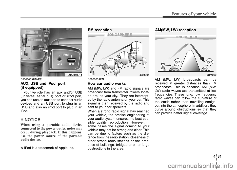 Hyundai H-1 (Grand Starex) 2011  Owners Manual - RHD (UK, Australia) 481
Features of your vehicle
D300600AHM-EE 
AUX, USB and iPod  port  (if equipped) 
If your vehicle has an aux and/or USB 
(universal serial bus) port or iPod port,
you can use an aux port to connect 