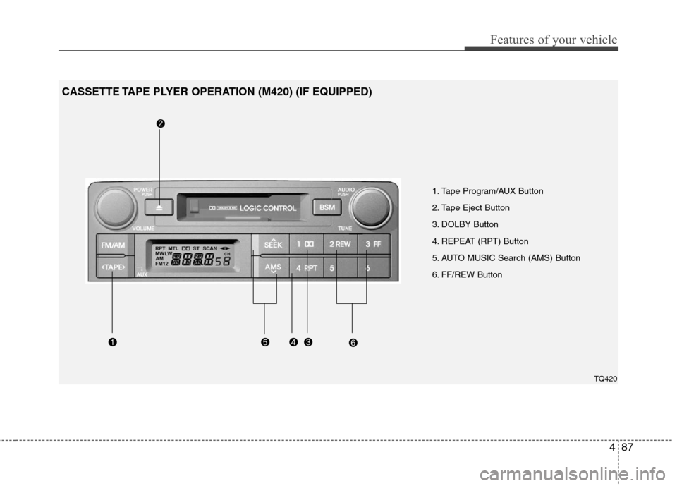Hyundai H-1 (Grand Starex) 2011  Owners Manual - RHD (UK, Australia) 487
Features of your vehicle
1. Tape Program/AUX Button 
2. Tape Eject Button
3. DOLBY Button
4. REPEAT (RPT) Button 
5. AUTO MUSIC Search (AMS) Button
6. FF/REW Button
CASSETTE TAPE PLYER OPERATION (
