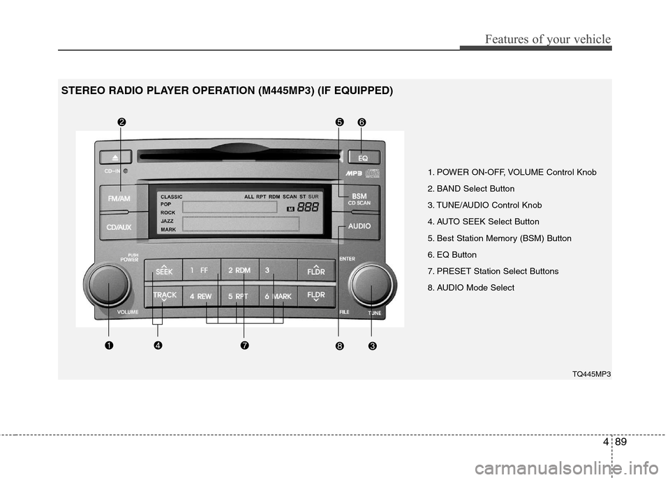 Hyundai H-1 (Grand Starex) 2011  Owners Manual - RHD (UK, Australia) 489
Features of your vehicle
1. POWER ON-OFF, VOLUME Control Knob 
2. BAND Select Button 
3. TUNE/AUDIO Control Knob
4. AUTO SEEK Select Button
5. Best Station Memory (BSM) Button
6. EQ Button
7. PRES