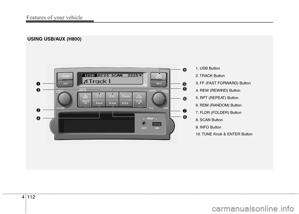 Hyundai H-1 (Grand Starex) 2011  Owners Manual - RHD (UK, Australia) Features of your vehicle
112
4
USING USB/AUX (H800)
1. USB Button 
2. TRACK Button
3. FF (FAST FORWARD) Button
4. REW (REWIND) Button
5. RPT (REPEAT) Button
6. RDM (RANDOM) Button
7. FLDR (FOLDER) But