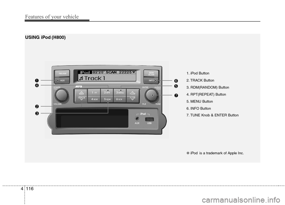 Hyundai H-1 (Grand Starex) 2011  Owners Manual - RHD (UK, Australia) Features of your vehicle
116
4
1. iPod Button 
2. TRACK Button
3. RDM(RANDOM) Button
4. RPT(REPEAT) Button
5. MENU Button
6. INFO Button 
7. TUNE Knob & ENTER Button
USING iPod (H800)
❈
iPod is a tr